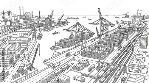 Tableau sur toile Industrial Harbor with Ships, Cranes, Containers, and Trucks - Outline Drawing