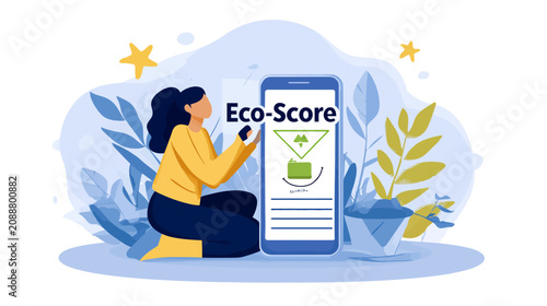 Woman uses eco score app on phone for sustainability