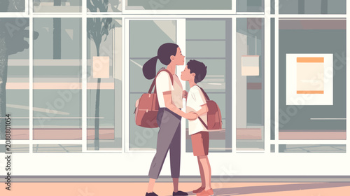 Parent and child embrace outside building flat illustration