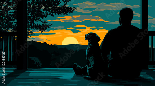 Person and dog watch sunset from porch