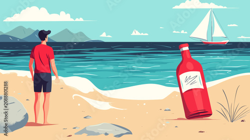 Man on beach with bottle and sailboat in ocean