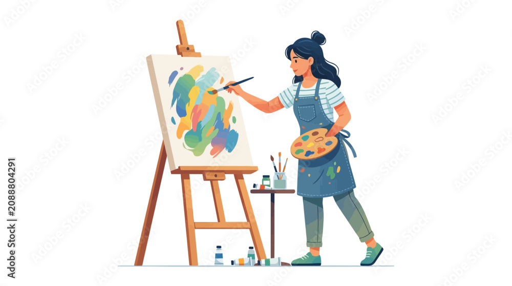 Fototapeta premium Female artist painting abstract colorful art on canvas with easel