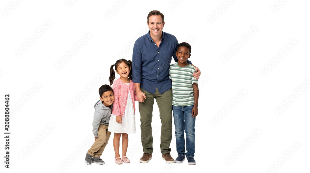 Obraz premium Happy Father With Three Diverse Children Posing Together Isolated on White Background