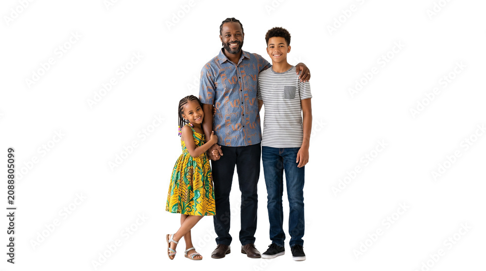 Obraz premium Happy African American Father With His Two Children Standing Together Isolated On White