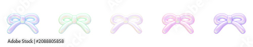 Holographic Iridescent 3D Puffy Ribbon Bow Set with Transparent Background, Pastel Pearlescent Kawaii Decoration Icon Collection