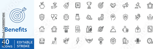 Konstfotografi Employee benefits and corporate perks line icons, health insurance, financial reward bonus, office lifestyle wellness, and business success goal