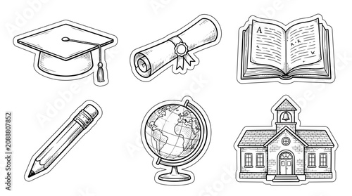 Educational Icons Collection Featuring Graduation Cap Diploma Book Pencil Globe School Building.