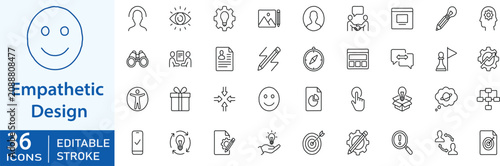 Slika na platnu Empathetic design and human centered UX line icons, user research communication, accessibility interface, creative brainstorm idea, and problem solving strategy