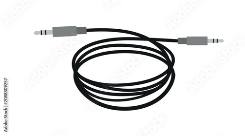 Black audio cable with two 3.5mm jack connectors coiled on a white background