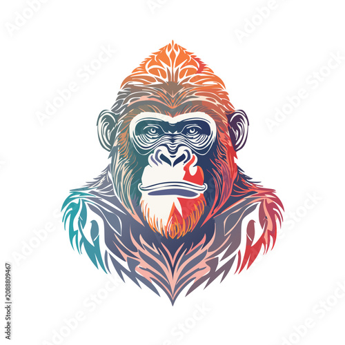 Colorful Artistic Gorilla Portrait Illustrating Intricate Tribal Patterns and Vibrant Gradient Shades for Modern Wildlife Art Designs