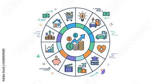 Financial planning wheel illustrating various life expenses and savings goals with icons and charts