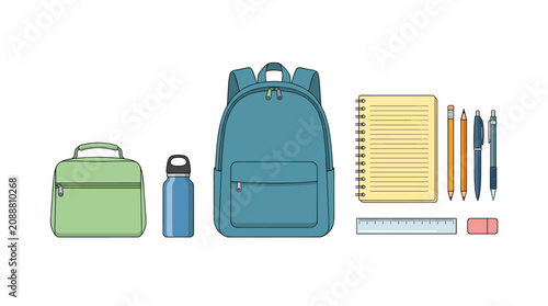 School Supplies Collection Blue Backpack Lunch Box Water Bottle Notebook Pens Pencils Ruler Eraser