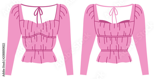 Fotografía Pink smocked top with square neckline, long sleeves and fitted bodice with gathered texture and shaping seams