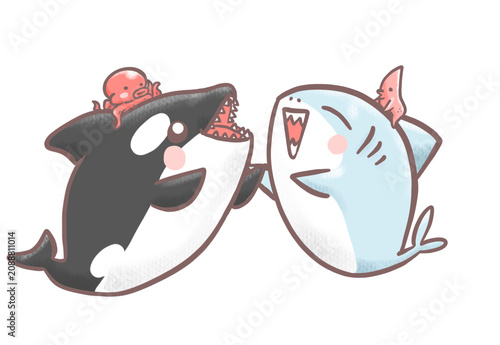Cute baby shark and young killer whale giving a high five with octopus and starfish cartoon illustration