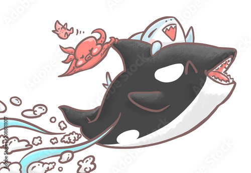 Cute baby shark riding a fast swimming killer whale with octopus and starfish cartoon illustration