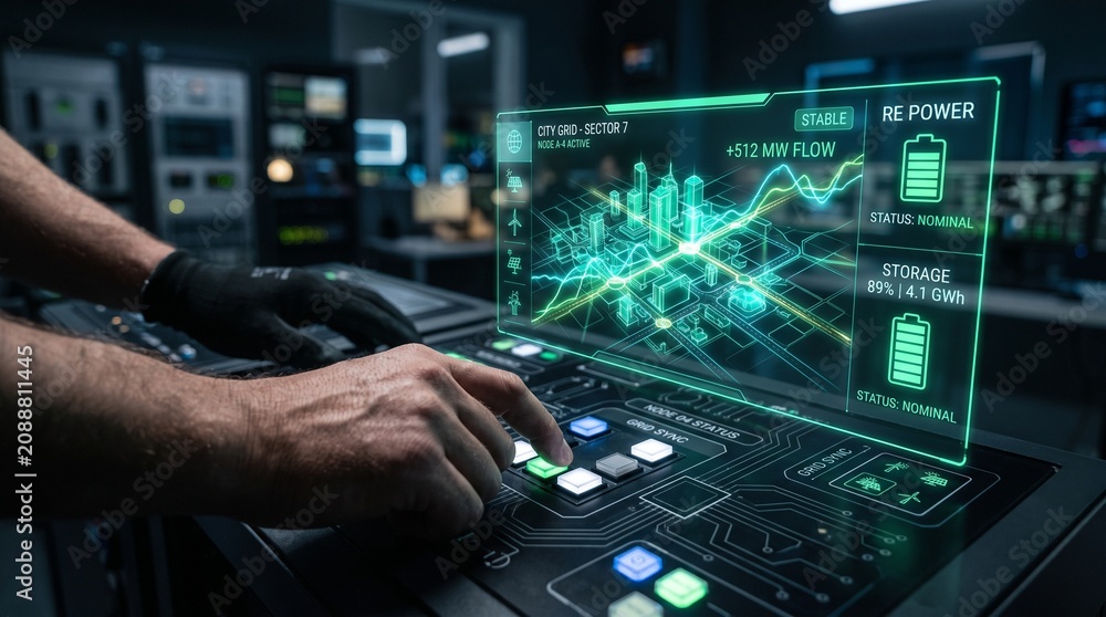 Fototapeta premium Technician hands operating digital control panel with glowing holographic interface in dark lab