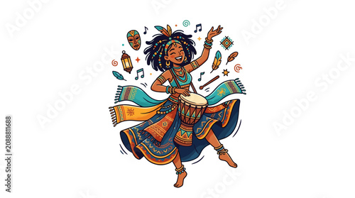 Joyful African Woman Dancing and Playing Djembe Drum in Traditional Attire with Festive Decorations