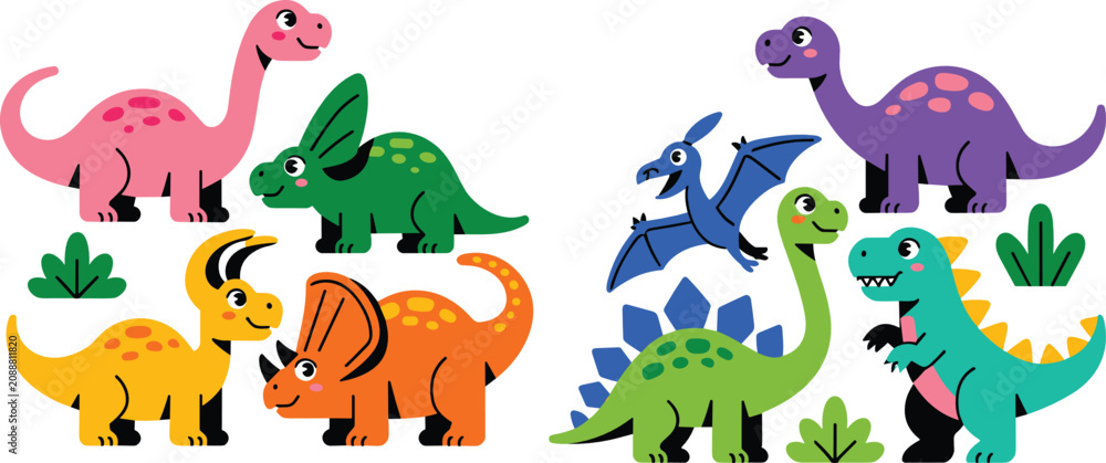 Naklejka premium Dinosaur characters flat vector illustration set. Eight friendly colorful prehistoric dinosaurs alongside small green bushes create a playful jurassic bundle for kids.