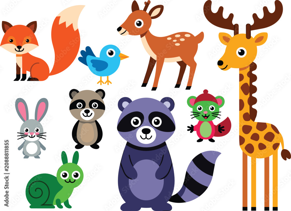 Naklejka premium Forest animals flat vector illustration pack. Fox, deer, raccoon, rabbit, squirrel, bird, snail and giraffe form a whimsical woodland collection for children.