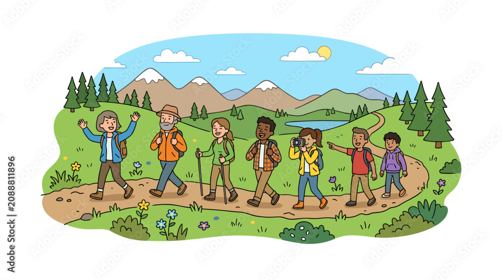 Fototapeta premium Diverse group of people hiking on a scenic mountain trail with backpacks and cameras