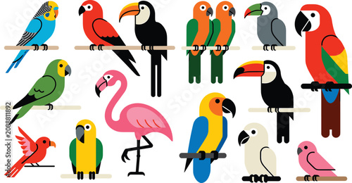 Fotografie Jungle parrot and tropical wildlife flat vector illustration created in a clean minimalist look