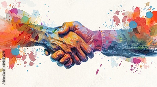 Close up of a colorful handshake representing business partnership with vibrant watercolor splashes