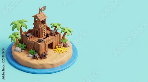 Miniature pirate island with wooden fortress and treasure. Isometric clay diorama of tropical land with palm tree, gold coin and cannon. Cartoon adventure concept for gaming design.