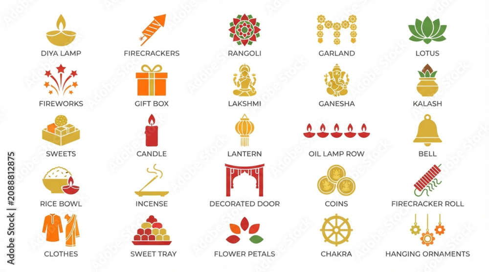 Fototapeta premium Diwali Festival Flat Icon Set with Diya Lamp, Rangoli, Ganesha, Lakshmi and Traditional Celebration Symbols