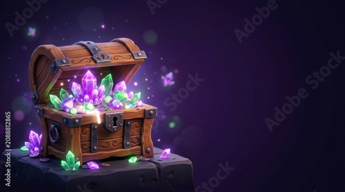 Open wooden treasure chest filled with glowing magical crystals. Fantasy loot container with purple and green gems on stone pedestal. Adventure gaming concept and rich mystery asset.