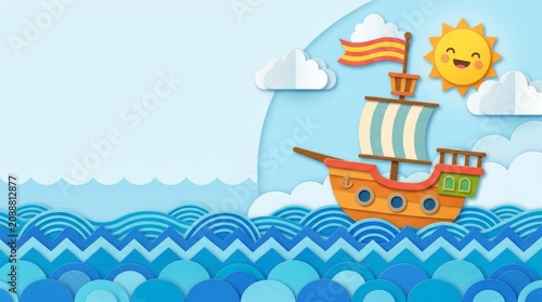 Paper craft boat sailing on blue waves under smiling sun. Decorative maritime background with handcrafted ship, sky, and cloud. Cute artistic illustration for nursery wall art design.