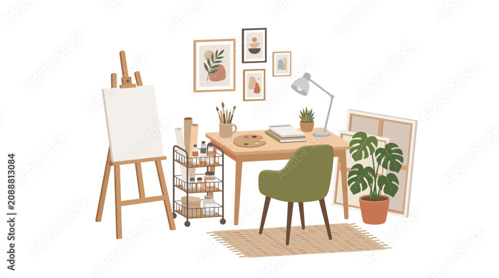 Fototapeta premium Art studio setup with easel, desk, chair, art supplies, plants, and framed artwork on the wall