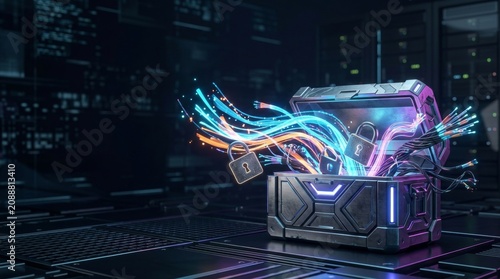 Open metal chest with glowing fiber optic cables and digital locks. Concept of data protection and cybersecurity. Abstract visualization of secure information storage in server room.