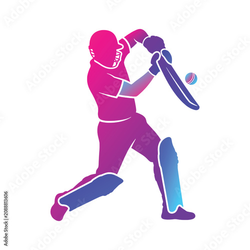 Obraz na plátně Professional cricket player batting silhouette with helmet pads and bat hitting ball action