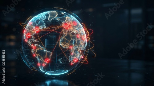 Digital globe with glowing connections and network nodes. Global communication technology concept. World map data visualization representing international telecommunication and connectivity.