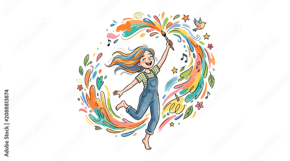 Fototapeta premium Joyful young artist creating vibrant colorful art with a paintbrush and splashing paint