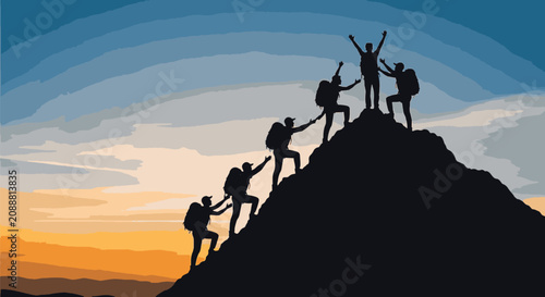 Silhouette of a group of hikers with backpacks helping each other climb a steep mountain peak against a sunset sky background, representing teamwork and successful achievement.