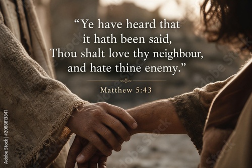 English Bible Verse Poster Displaying Matthew 5:43, Highlighting Love for Neighbor and the Concept of Enemy.