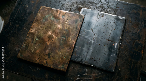 Two Contrasting Rectangular Metal Plates with Weathered Copper and Industrial Steel Texture on a Rustic Dark Worktable