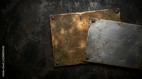 Overlapping Aged Brass and Brushed Steel Metal Plates on a Dark Industrial Background