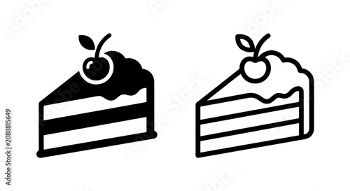 Cake slice with topping icon set, flat black and white bakery symbols, minimalist