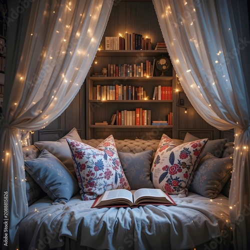 A cozy reading nook with fairy lights, pillows, and bookshelves, a perfect escape for book lovers.