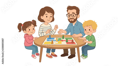 Happy family playing a colorful board game together around a wooden table, enjoying quality time indoors
