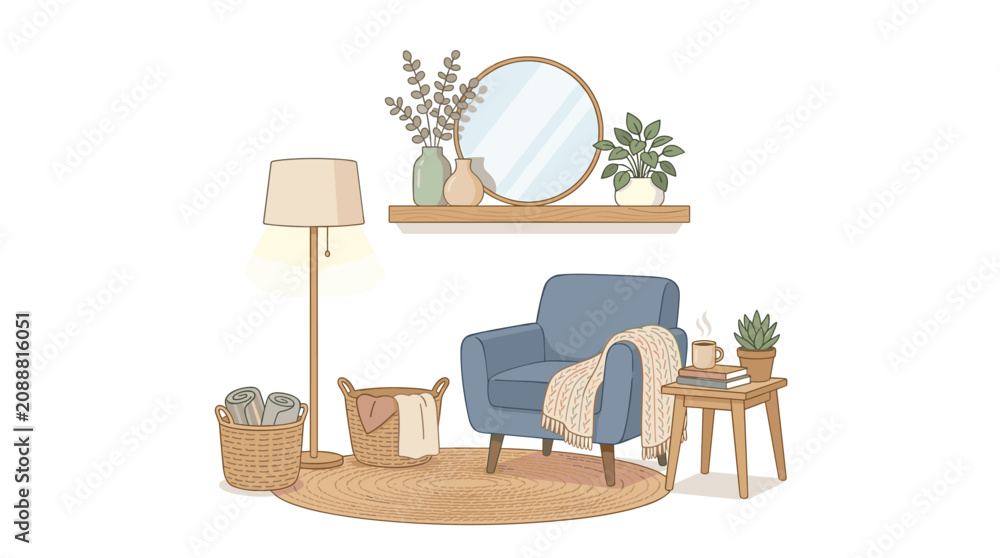 Fototapeta premium Cozy Living Room Scene with Blue Armchair, Floor Lamp, and Plants