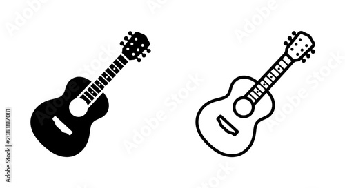 Obraz na plátně Acoustic guitar icon pair in solid black silhouette and outline vector style