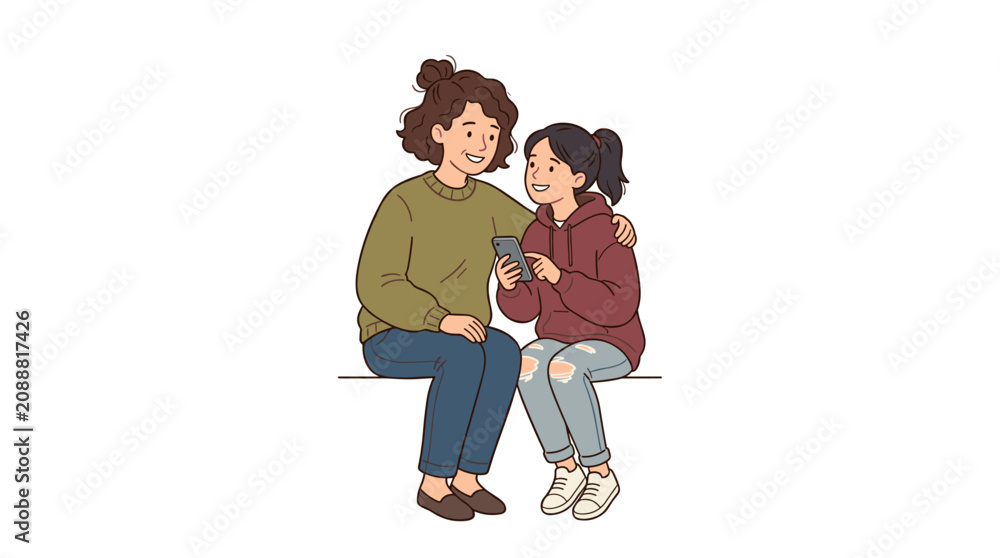 Fototapeta premium Mother and Daughter Sharing a Smartphone Screen Together with Affectionate Embrace