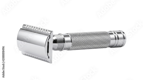 Vintage double edge safety razor, chrome metal shaving tool for men, classic steel manual razor with textured handle isolated on white background