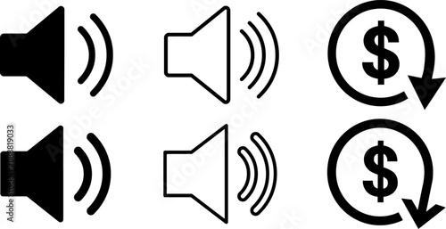 A set of six black and white icons on a, including sound speakers and dollar signs with arrows