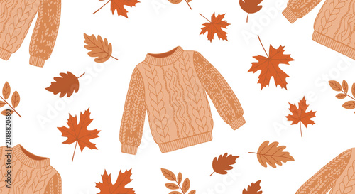 Cuadro en lienzo Seamless pattern with knitted sweater and autumn leaves