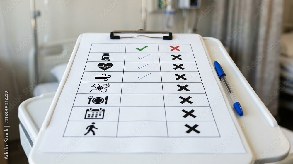 Fototapeta premium Teach-back Verification Checklist with Simple Yes-no Pictograms Used by Hospital Nurses to Confirm Patient Understanding - Hospital Accessibility Stock Photo