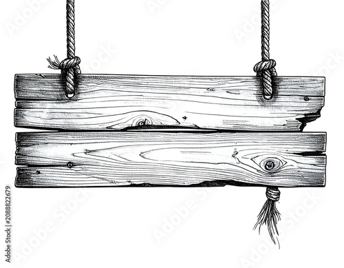 Rustic Wooden Sign Hanging by Rope Black and White Illustration